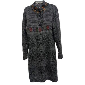 Tabask Long Sweater Jacket Womens Large Gray Embroidered Wool BOHO Handmade